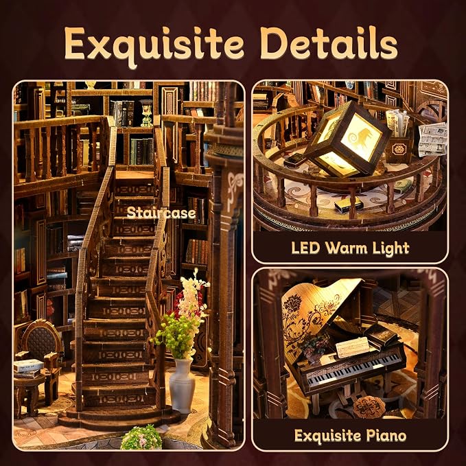 fifijoy DIY Miniature Dollhouse Kit - DIY Miniature House Kit with LED Lights, 3D Wooden Puzzle Library Bookshelf Decor for Adults, Creative Gift for Family, Friends (Dreamy Book Hall)