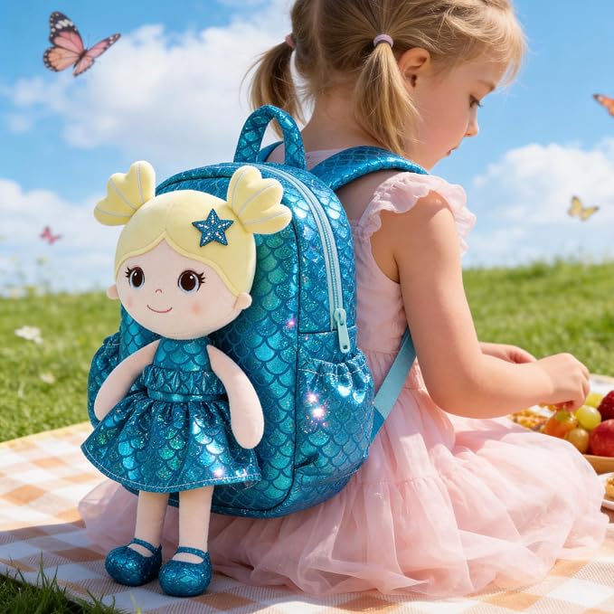 Lazada Toddler Backpack - Baby Girl Gifts Plush Doll Dress Backpack - Fashion Girls Tina Fish Scale Series - Blue 11Inches