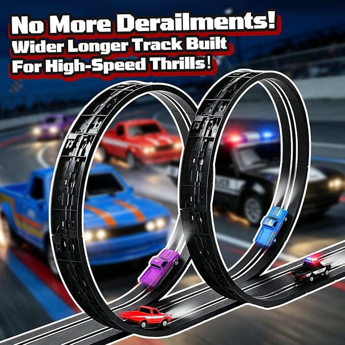 3 IN 1 Slot Car Race Track Set 1:87 with 4 High Speed Vintage Pickup Trucks, Electric Battery Dual Race, 2 Controllers, Lap Counter, Overpass, Loop Crossover, Toys Gifts for Kids Teens Adults All Ages