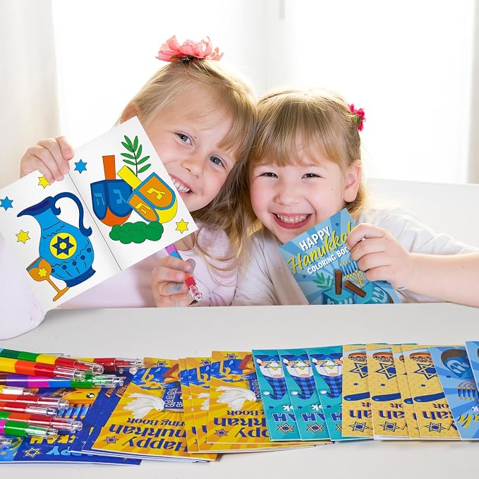 Cinrobiye 24 Set Happy Hanukkah Coloring Books Bulk Chanukah Activity Books Mini DIY Painting Drawing Set with Stackable Crayons for Festival of Lights Party Favor Gifts Goodie Bag Fillers