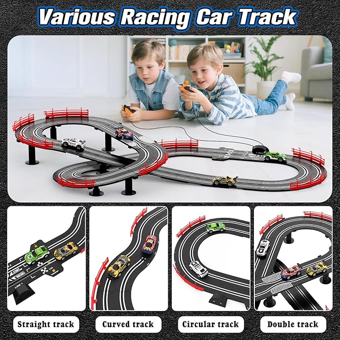 3-in-1 Slot Car Race Track Sets with 4 High-Speed Cars, Electric Track, Dual Racing Game with Lap Counter & 2 Controllers, and Circular Overpass Design – Toy Gift for Boys Kids Ages 4-6 6-8 8-12
