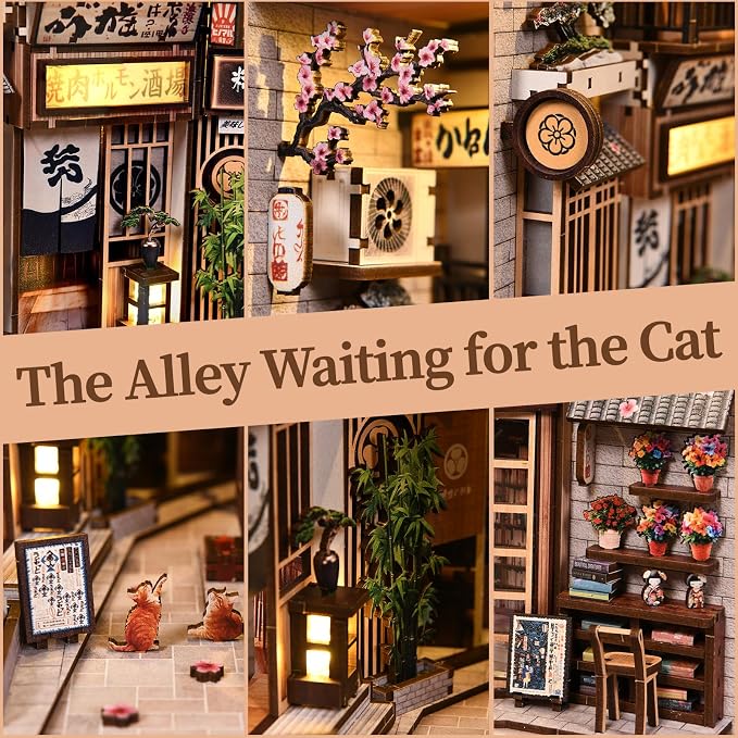 Book Nook Kit,with LED Light,DIY 3D Wooden Dollhouse Puzzle,Bookshelf Decorative Gift(The Alley Waiting for the Cat)