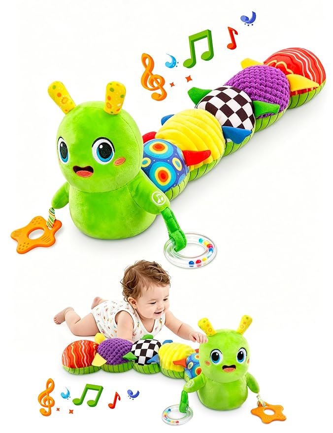GoGonova Musical Caterpillar Baby Sensory Toy for Infant Development 0-12 Months – Tummy Time Crawler & Teether – Newborn Bath, Car Seat, Stroller & Bassinet Activity Toy & Gift(Green)