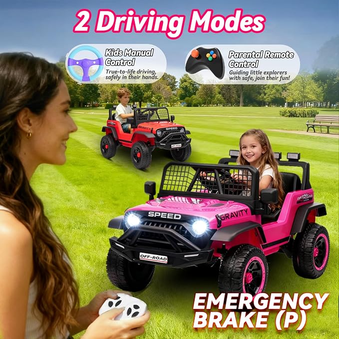 24V Jeep Power Wheels w/Remote Control, 4WD Ride on Truck Car, 3 Speed, Bluetooth Music, Wide Seat, Spring Suspension, LED Light, Birthday for Boys Girls Toddler (Rosered)