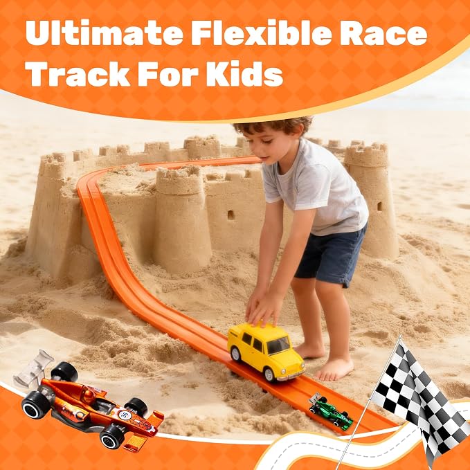 MINDNOOK 16 Ft Flexible Race Car Track Set for Kids, Portable Roll-Up Racetrack with 4 Cars & Suction Cups, Compatible with 1:64 Diecast Toy Cars, Gift for Boys & Girls Ages 4-12