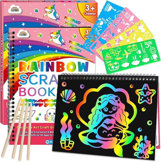 ZMLM Scratch Paper Art Craft: 2 Pack Rainbow Scratch Set for 3 4 5 6 7 8 9 10 Years Old Girls Boys Students Drawing Coloring Black Magic Art Supplies Kits Gifts School Birthday Party Toys (Mermaid)