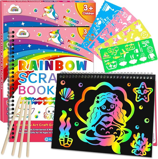 ZMLM Scratch Paper Art Craft: 2 Pack Rainbow Scratch Set for 3 4 5 6 7 8 9 10 Years Old Girls Boys Students Drawing Coloring Black Magic Art Supplies Kits Gifts School Birthday Party Toys (Mermaid)