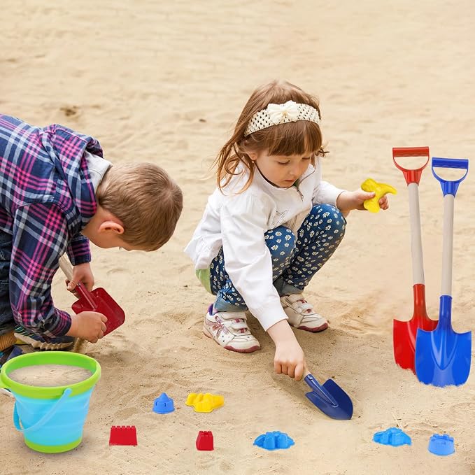 18 Pcs Beach Bucket Shovels Toys for Kids,Kids Collapsible Beach Sand Toys Sand Castle Sandbox with Long Shovel,Marine Life Castle,Sandbox with Bag for Boys Girls