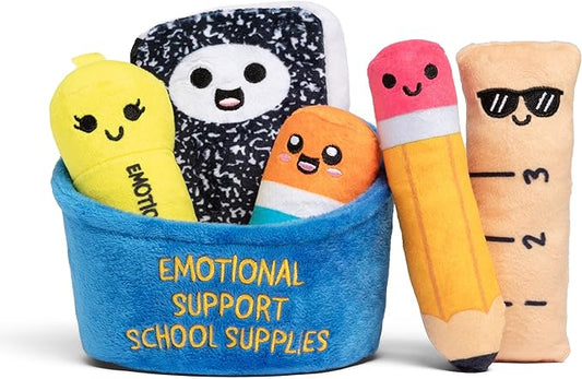 Emotional Support School Supplies Plush by Relatable - Cute Stuffed Animals and Squishy Toys, Fun Gift Ideas for All Ages, and Your Favorite Teacher - Includes 5 Plushies with Carrying Basket