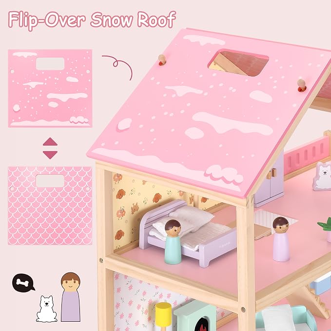 Pillowhale Wooden Dollhouse for Girls 3-Story Open Layout Playhouse with Furniture Accessories Pretend Play Role-Playing Toy Birthday Gift for Kids Ages 3+