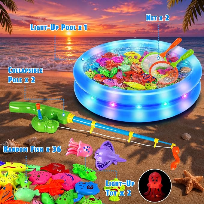 CozyBomB™ Magnetic Fishing Toys Game Set for Kids | Water Table Bathtub Kiddie Pool Party Pole Rod Net, Outdoor Plastic Floating Fish, Toddler Bath Color Ocean Sea Animals Birthday Gift Age 3-5 6 4-8