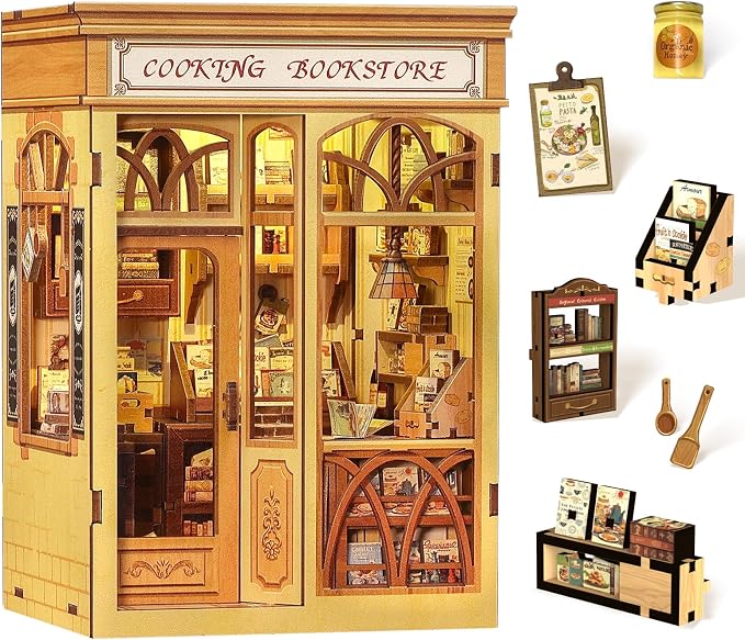 Fsolis Book Nook Kit - DIY Miniature House Kit | Bookshelf 3D Wooden Puzzles for Adult Booknook Gifts for Women Teenagers (Cooking Bookstore)