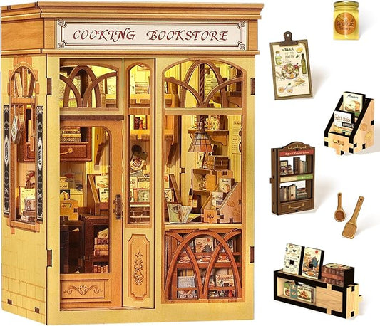 Fsolis Book Nook Kit - DIY Miniature House Kit | Bookshelf 3D Wooden Puzzles for Adult Booknook Gifts for Women Teenagers (Cooking Bookstore)
