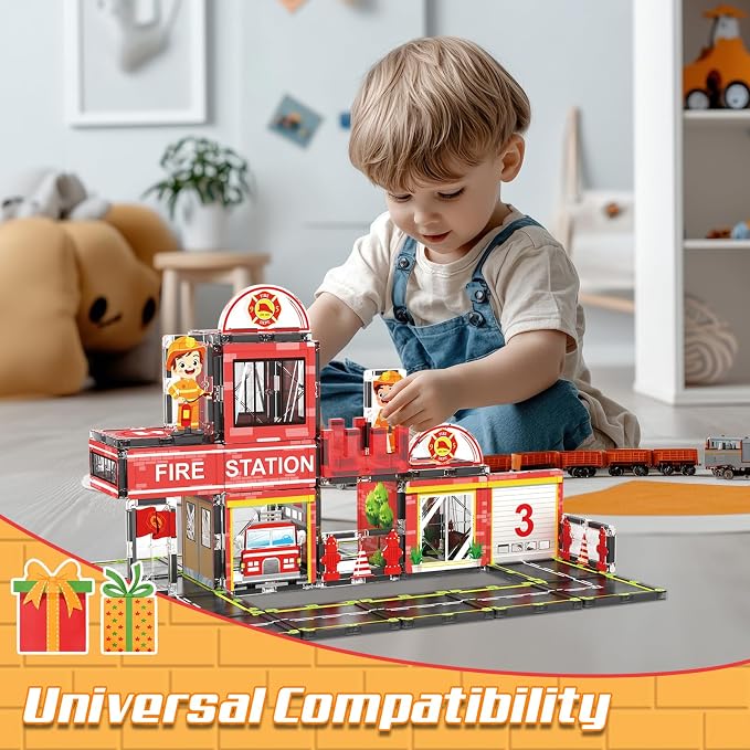 AFUNX Magnetic Tiles, 50PCS Fire Station Theme Building Blocks Set, Magnet Building Blocks and STEM Preschool Toys for Toddlers Kids Ages 3-5 5-7 8-10