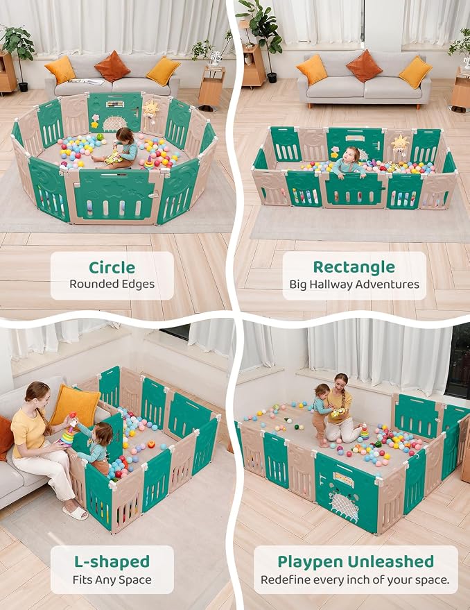 Dripex Baby Playpen, 14-Panel Foldable Playard for Toddlers 6-36 Months, Adjustable & Portable Indoor Outdoor Safety Play Area with Anti-Pinch Design, Game Panel and Safety Gate, Green Brown
