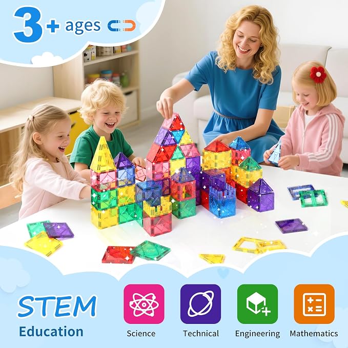 Mruikeny 100 Pieces Magnetic Tiles for Kids Ages 4-8, Glitter Magnetic Building Tiles Preschool Learning Magnet Toys, STEM Sensory Magnet Building Blocks for Toddlers 3 4 5 6 7 8+ Year