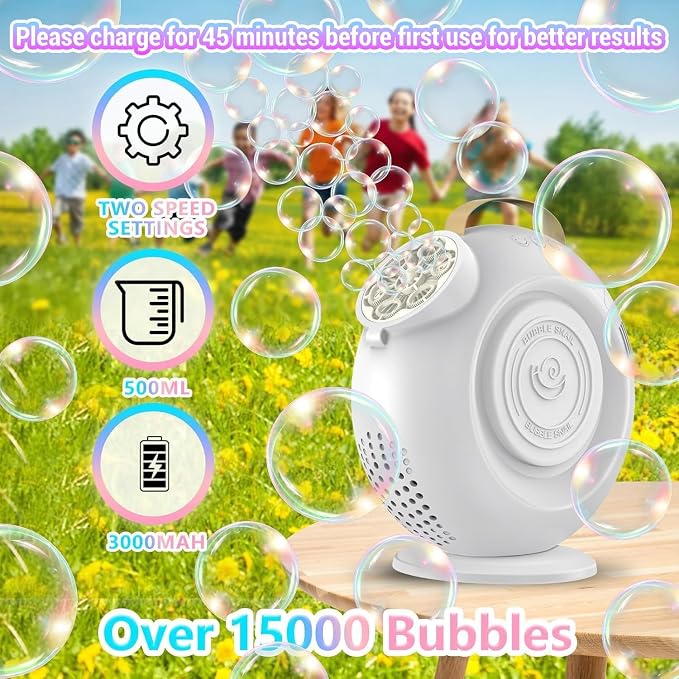 Automatic Bubble Machine for Kids & Toddlers, Rechargeable 15000+ Bubbles Per Minute with 90°/360° Rotation & LED Light - Bubble Blower for Birthday Wedding Outdoor Party Gifts