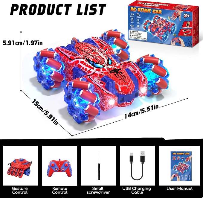 Spider Gesture Sensing Remote Control Car, Double Sided RC Cars with Full-Body Light, 2.4GHz Hand Controlled Rechargeable RC Stunt Car Toys for Boys 4 5 6 7 8 9 10 11 12