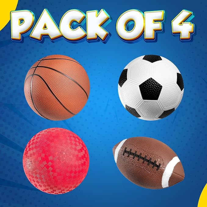 Sports Balls for Kids & Toddlers - (Pack of 4) 5-inch Sports Set Includes Football, Small Size Soccer, Basketball, and Playground Balls, Fun Indoors & Outdoor Toys (Hand Pump Included)