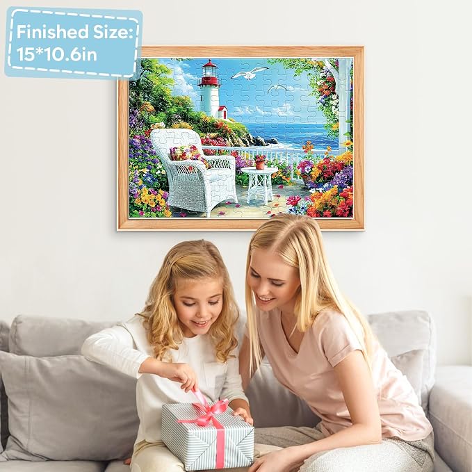 Jeacirio 100 Piece Puzzles for Adults and Seniors, Lighthouse Coastal Jigsaw Puzzle, Colorful Ocean View with Flowers and Seaside Garden, Easy Beginner Puzzle, Large Piece Puzzle Gift for Older Adults