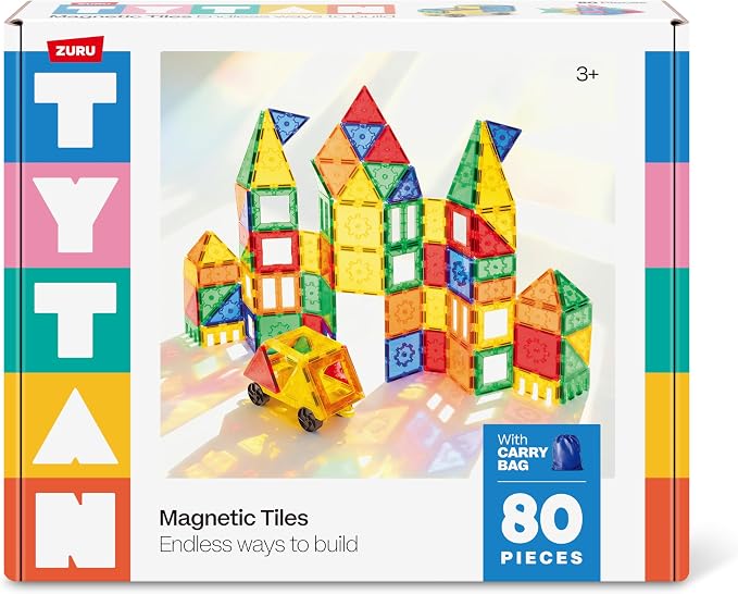 Tytan Magnetic Tiles 80-Piece Building Set by ZURU – Colourful STEM Construction Toy with Strong Snap-Fit Tiles for 2D and 3D Play, Includes Carry Bag, for Kids Ages 3+