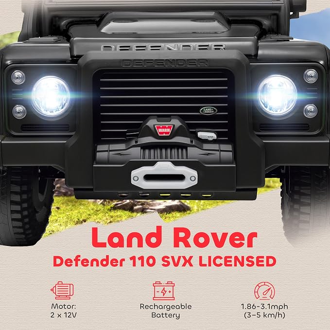 Qaba Land Rover 110SVX Licensed Electric Car for Kids, 12V Battery Powered Kids Ride On Car with Remote Control, Dual Motors, Spring Suspension, LED Lights, 3 Speeds Ride On Truck, Black