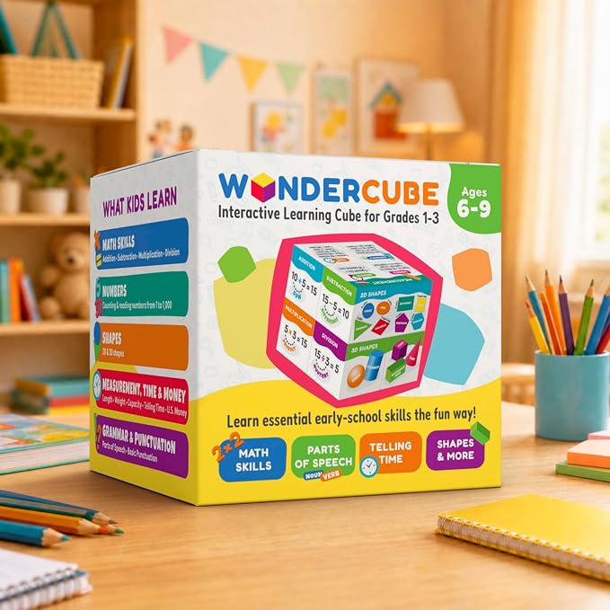 WonderCube – Smart Learning Cube for Grades 1–3, Math Games, Multiplication Chart, Telling Time, Homeschool Essentials Supplies, Classroom Must Haves, Gift for Boys & Girls Ages 6–9