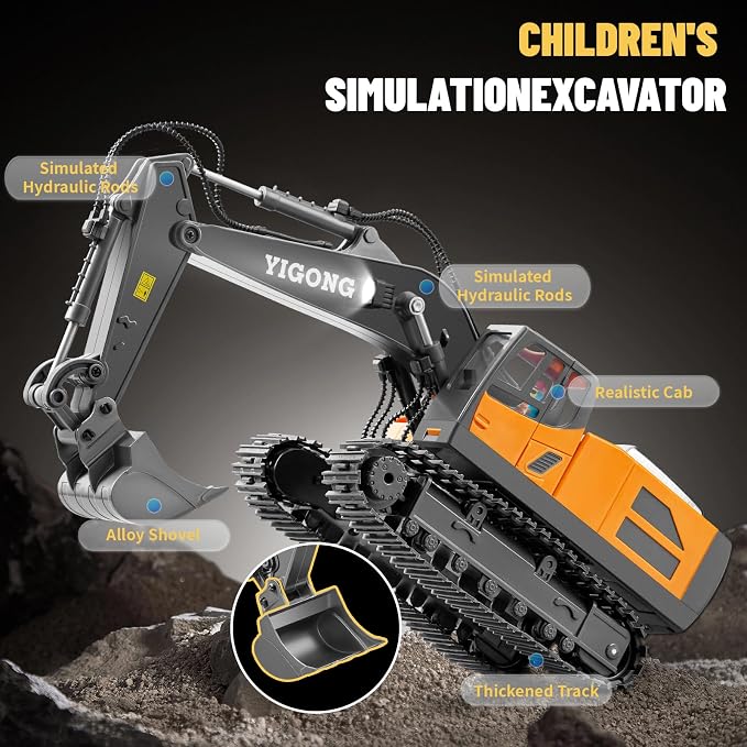 Remote Control Excavator Toy, 11 Channel RC Construction Digger with Metal Shovel, Lights & Sounds, 2.4GHz Rechargeable All-Terrain Excavator for Kids 3-14, Perfect for Sand, Dirt & Outdoor Play