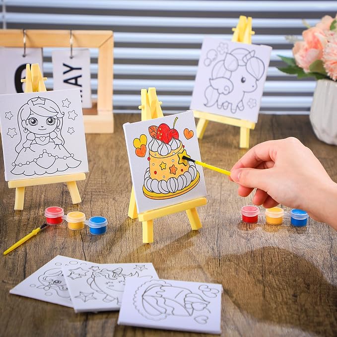 Tenceur 48 Pcs Kids Paint Party Favors Sets with 12 Pcs Unicorn Girl Cake Pre Drawn Canvas Panel and Wooden Easel Set Paint Pots and Brushes 12 Mini Apron and Tote Bag for Kids Girls Student Boys