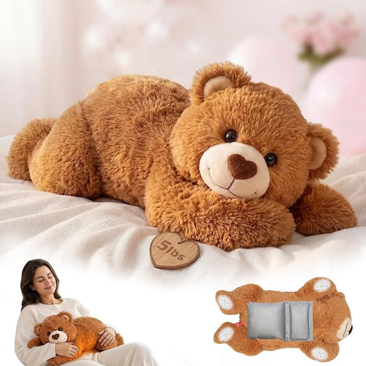 Mewaii Weighted Stuffed Animals for Adults & Kids, 2-5 lbs - 23" Heatable Coolable Bear Plush, Microwavable Adjustable Removable Inner Pad, Realistic Hug Comfort Gift (Brown)