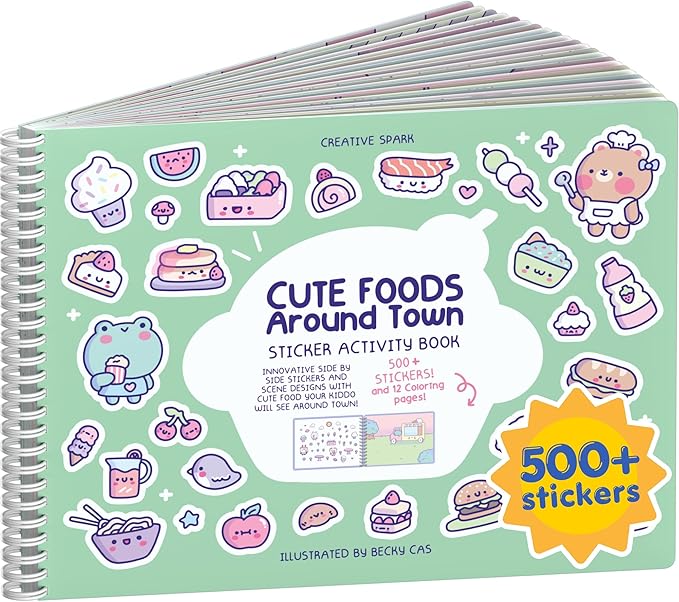 Cute Foods Around Town 500+ Sticker Book for Girls by Cupkin Toddler Airplane Activity Coloring + Sticker Book, Road Trip Essentials, 12 Coloring Pages + 12 Scenes for Ages 2–8 Years