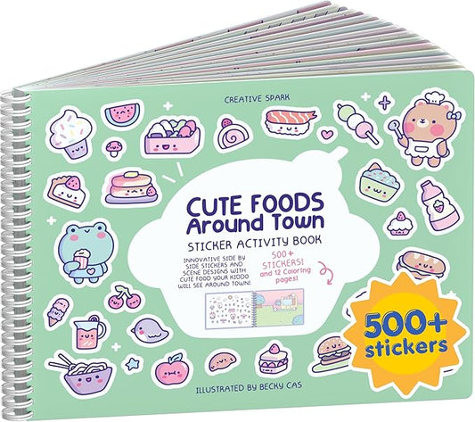 Cute Foods Around Town 500+ Sticker Book for Girls by Cupkin Toddler Airplane Activity Coloring + Sticker Book, Road Trip Essentials, 12 Coloring Pages + 12 Scenes for Ages 2–8 Years