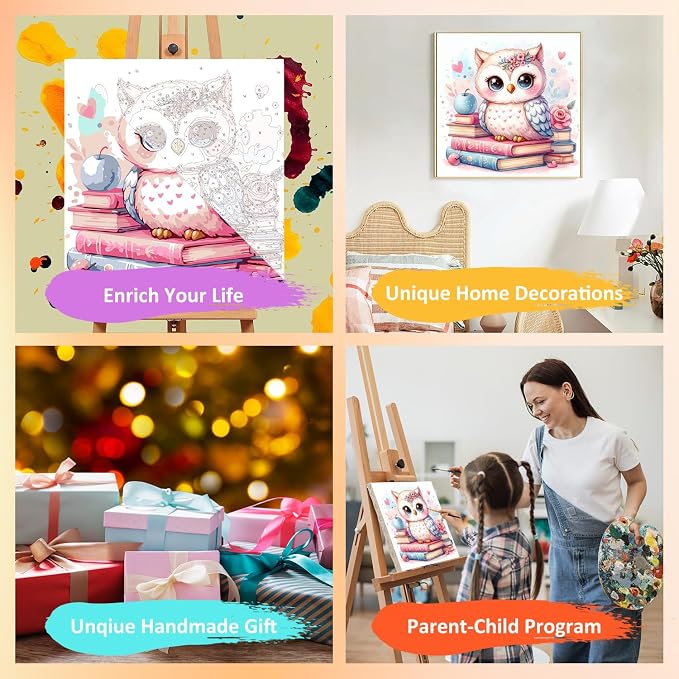 Paint by Numbers Kit for Kids with Frame, Owl Paint by Numbers for Kids Ages 4-8-12, DIY Owl Acrylic Oil Painting for Home Wall Art Decor Gift 7.8x7.8 inch (with Frame Easel)