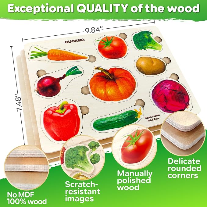 QUOKKA Wooden Puzzles for Toddlers 1-3 – 3xSET Kids Puzzles Ages 2-4 – Montessori Toy Puzzle for Toddlers 3-5 – Wood Toy Learning Realistic Fruits - Cars - Vegetables for Boy and Girl