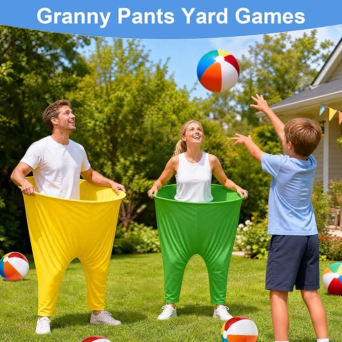 Granny Pants Yard Game Set, Oversized Pants with Bouncy Balls, Pumps & Flags, Giant Outdoor Tossing Games for Adults Family Birthday Backyard Party Team-Building Gatherings