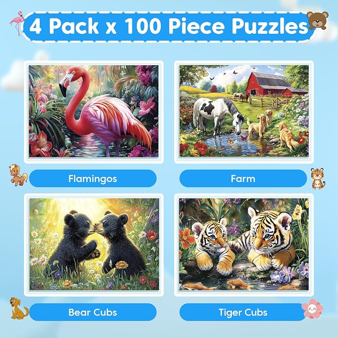 4-Pack 100 Piece Puzzles for Kids Ages 4-6 6-8 Year Old - Tigers Bears Farm Flamingos, Jigsaw Puzzles for Kids Ages 8-10, Learning Educational Children Puzzles 5-8 for Boys and Girls