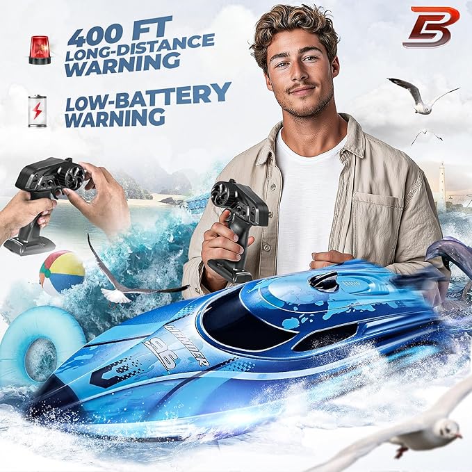 BEZGAR RC Boat, 12 inch Remote Control Boat for Kids and Adults, 25 KPH Fast RC Speed Boats with 700mAh Battery, Ideal Waterproof Toy for Lakes & Pools - TX126 Blue