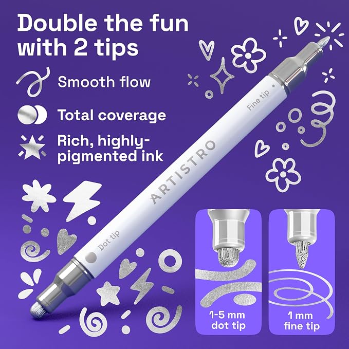 ARTISTRO 24 Silver Dual-Tip Acrylic Paint Markers – Paint Pens Set with Dot & Fine Tips for Fabric, Rock, Glass, Wood, Coloring Books – Arts & Crafts Gift – Classroom Must Haves & School Supplies