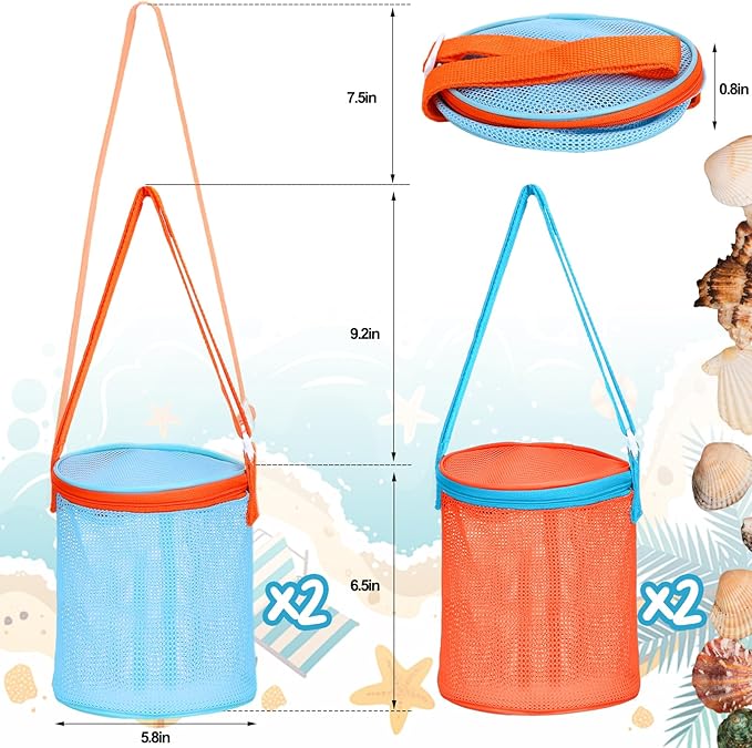 Vodolo Sea Shell Bags for Beach,4pcs Mesh Seashell Holder,Shelling Collecting Tools Travel Sand Toys Storage Bucket for Sandbox,Beach Vacation Essentials for Kids,The Beach Must Haves Sand Box Toy Bag