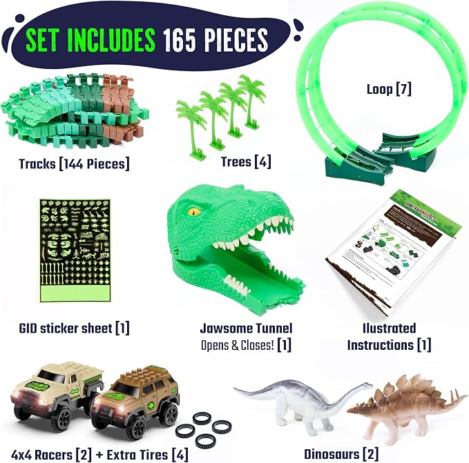 Dinosaur Jurassic Race Track Glow in The Dark Toy Playset - Includes Dino Figures, Epic Loop & Jaw Tunnel Set - Birthday for Kids, Boys & Girls 3-8 Years Old