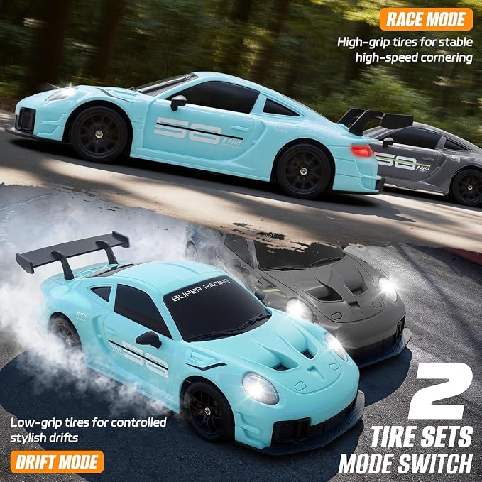 RC Drift Car, 1:24 4WD Remote Control Cars Vehicle with LED Light,2.4GHz 20KM/H High Speed RC Cars with Two Batteries & Drifting Tires Racing Sport Toy for Adults Boys Girls Kids Blue