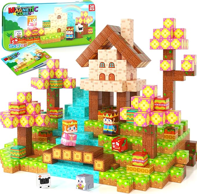 Mini Magnetic Blocks with Case - Portable Building Cubes Travel Toys for Kids Ages 4-8 Construction STEM Learning Set for Toddlers Build Mine Magnet World Christmas Birthday Gift for Boys Girls 3-5