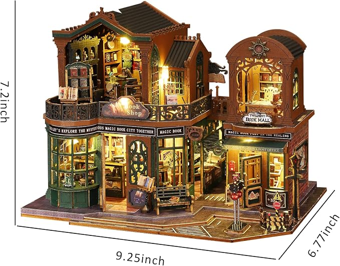 Plustopoy DIY Miniature House Kit for Adults, Mini Wooden Dollhouse Kit, Book Shop Tiny House Diorama Building Kits with Light, 3D Wooden Puzzles Bookend Shelf Insert Decor, Creative Craft