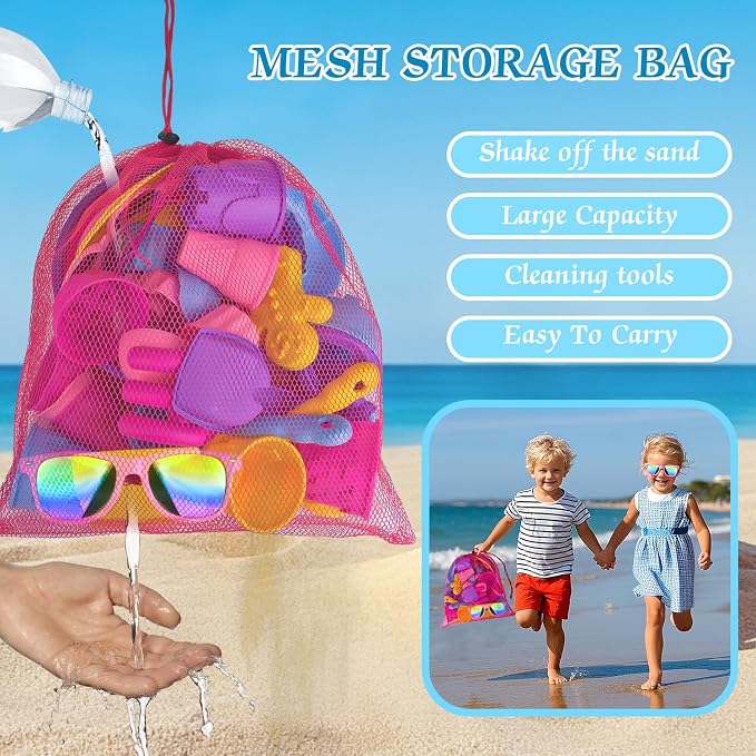 31PCS Beach Toys Set for Girls Kids, Collapsible Sand Bucket and Shovels Set with Watering Can, Ice Cream Cake Sand Molds,Mesh Bag, Outdoor Play Travel Beach Toys for Kids Toddler Boys Girls