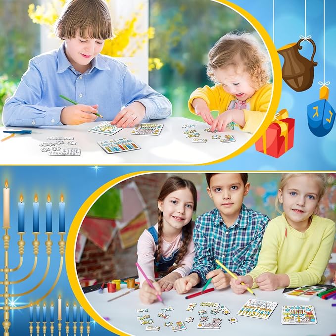 Realspring 24 Pack Hanukkah Color Your Own Jigsaw Puzzles for Kids 3-5, 4-6, 6-8, Coloring Crafts DIY Paper Puzzles Party Favors Gifts for Toddler Children Learning Education Toys