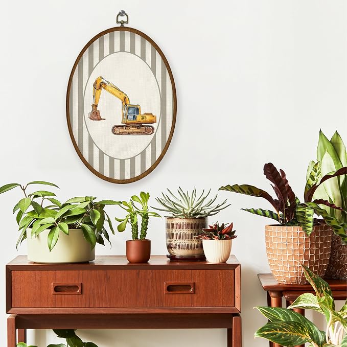 WULQYING Vintage Excavator Boy Nursery Wall Art Decor, Kids Oval Framed Canvas Art Prints, Neutral Striped Excavator Vehicle Wall Hanging Decor for Kids Boy Nursery Room Playroom, 8.5x11.4 Inches