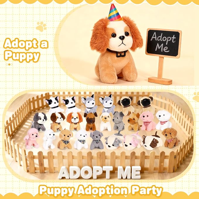 Niceup 24PCS Adopt a Puppy Party Favors Kids Mini Plush Dog Non-candy Easter Basket Stuffers Bulk Stuffed Animals Dog Paw Adoption Pet Doll Toys Birthday Party Goodie Bag Fillers Classroom Reward Gift