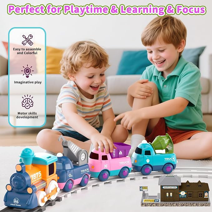 Electric Train Set for Toddler Toy 3 4 5 Year Old Boy Birthday Gifts, Two Play Modes of Electric and Manual Baby Train Toy with Music, Light, Tracks