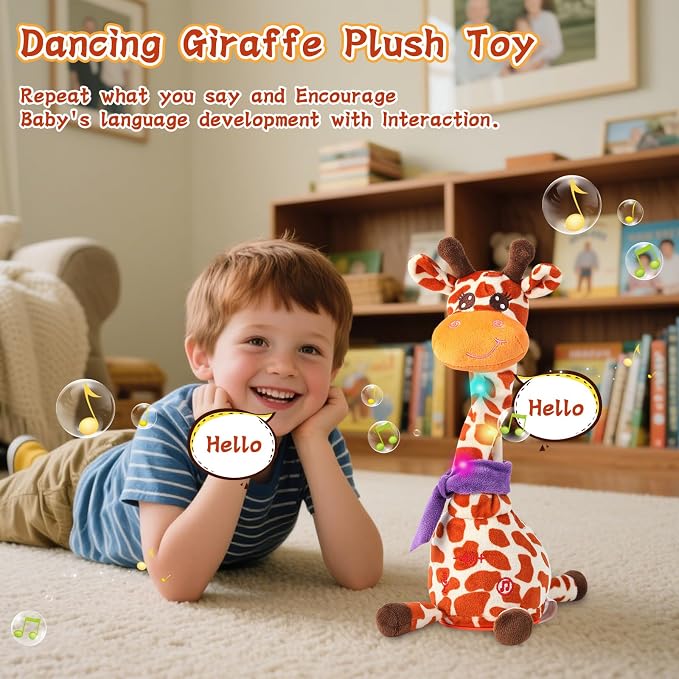 LUKETURE Musical Dancing Talking Giraffe Plush Toy, Yellow and White Spotted, Talking Baby Toy with Lights, 10 Songs and Voice Repeat, Soft Sensory Gift