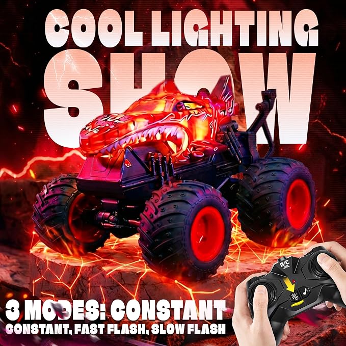 BEZGAR Monster Truck Toys - Remote Control Monster Truck with Light & Music, Dinosaur Toys for Kids, 1:20 Scale RC Truck with 360° Spins and Drifting, Remote Control Car for Boys 4-7 Red